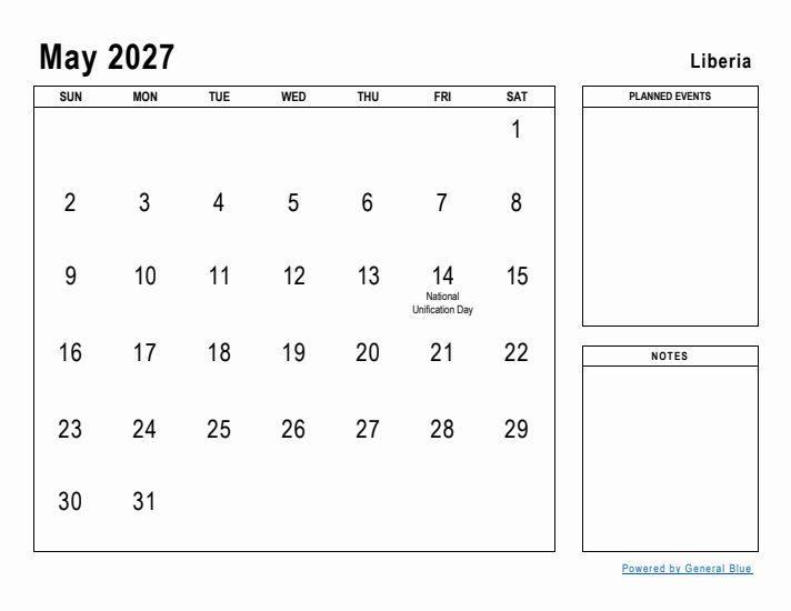 May 2027 Printable Monthly Calendar with Liberia Holidays