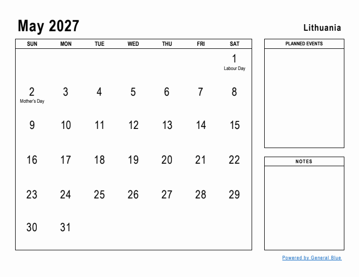 May 2027 Printable Monthly Calendar with Lithuania Holidays