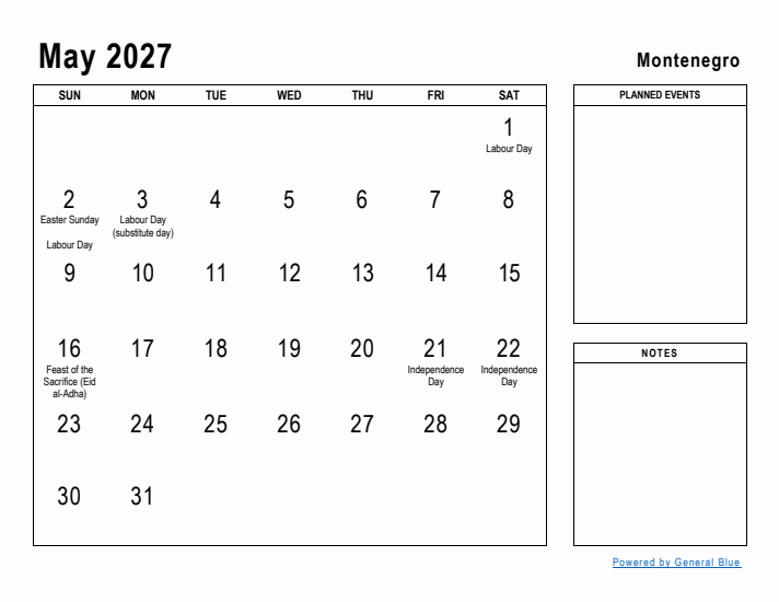 May 2027 Printable Monthly Calendar with Montenegro Holidays