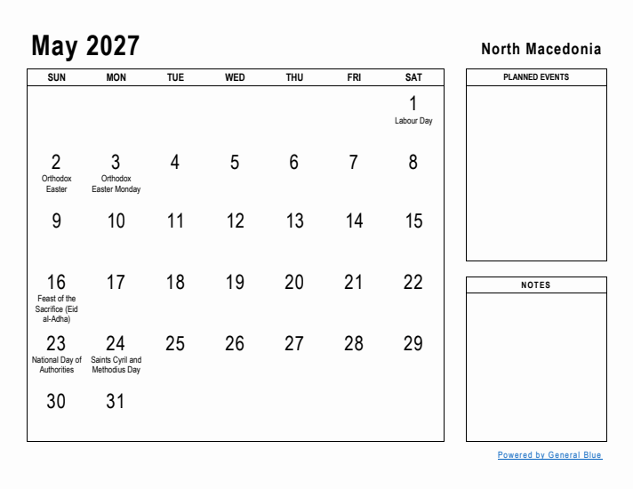May 2027 Printable Monthly Calendar with North Macedonia Holidays