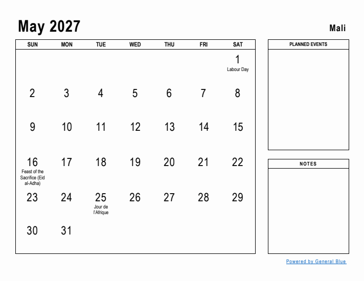 May 2027 Printable Monthly Calendar with Mali Holidays