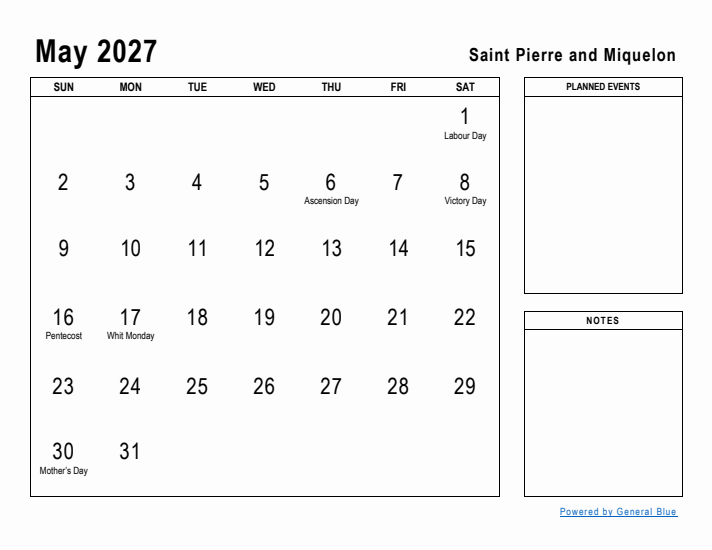 May 2027 Printable Monthly Calendar with Saint Pierre and Miquelon Holidays