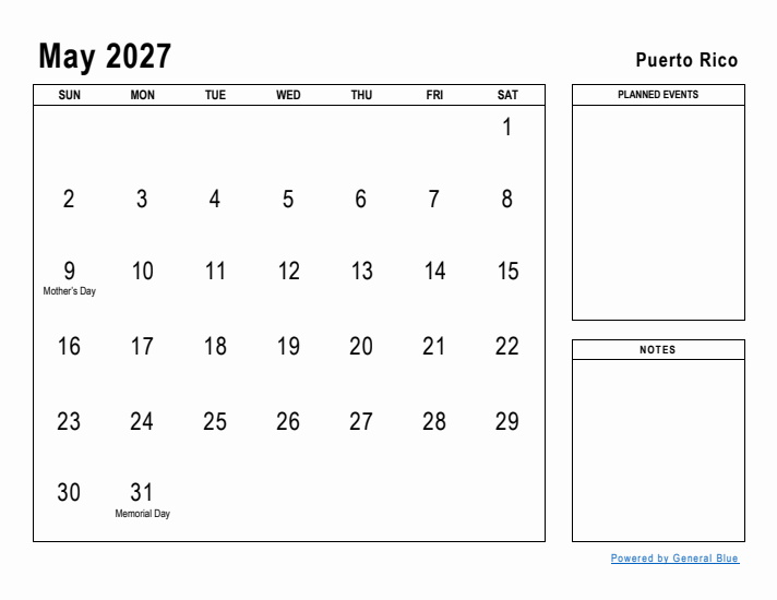 May 2027 Printable Monthly Calendar with Puerto Rico Holidays