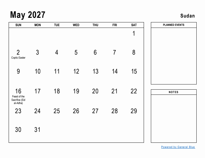 May 2027 Printable Monthly Calendar with Sudan Holidays