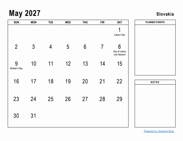 May 2027 Printable Monthly Calendar with Slovakia Holidays