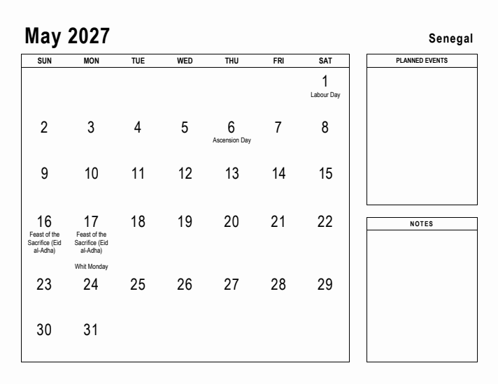 May 2027 Printable Monthly Calendar with Senegal Holidays