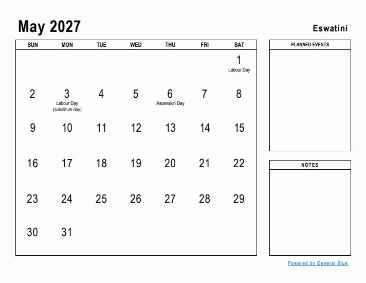 May 2027 Printable Monthly Calendar with Eswatini Holidays
