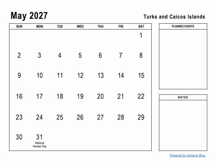 May 2027 Printable Monthly Calendar with Turks and Caicos Islands Holidays