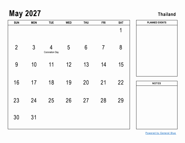 May 2027 Printable Monthly Calendar with Thailand Holidays