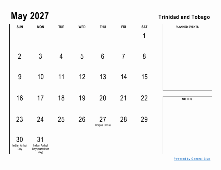 May 2027 Printable Monthly Calendar with Trinidad and Tobago Holidays