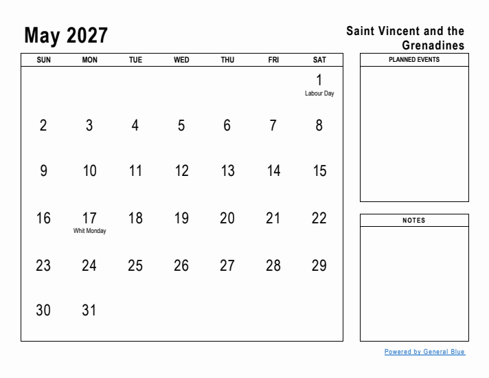May 2027 Printable Monthly Calendar with Saint Vincent and the Grenadines Holidays