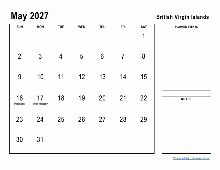 May 2027 Printable Monthly Calendar with British Virgin Islands Holidays