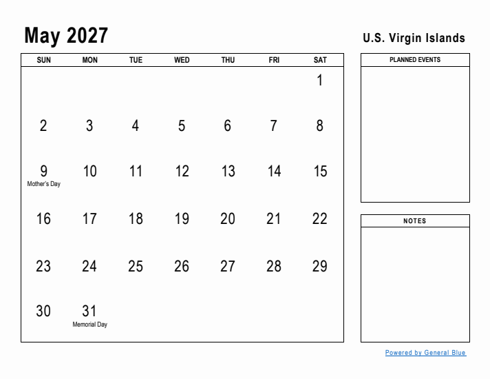 May 2027 Printable Monthly Calendar with U.S. Virgin Islands Holidays