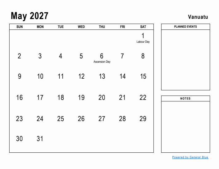 May 2027 Printable Monthly Calendar with Vanuatu Holidays
