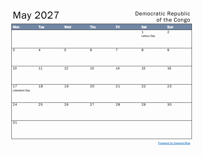 May 2027 Simple Monthly Calendar for Democratic Republic of the Congo
