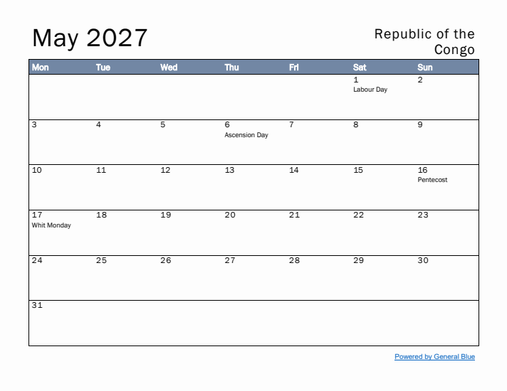 May 2027 Simple Monthly Calendar for Republic of the Congo