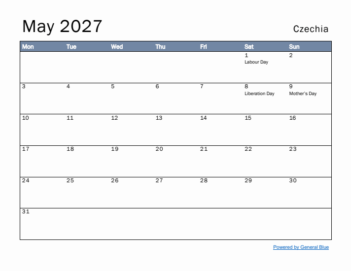 May 2027 Simple Monthly Calendar for Czechia