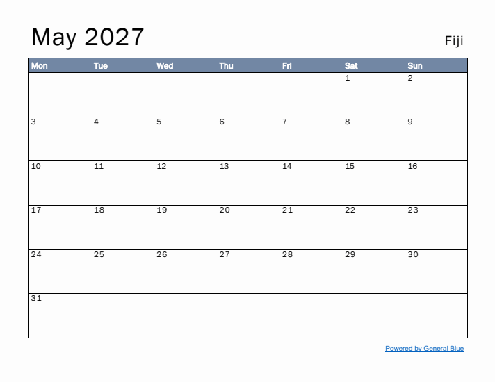 May 2027 Simple Monthly Calendar for Fiji