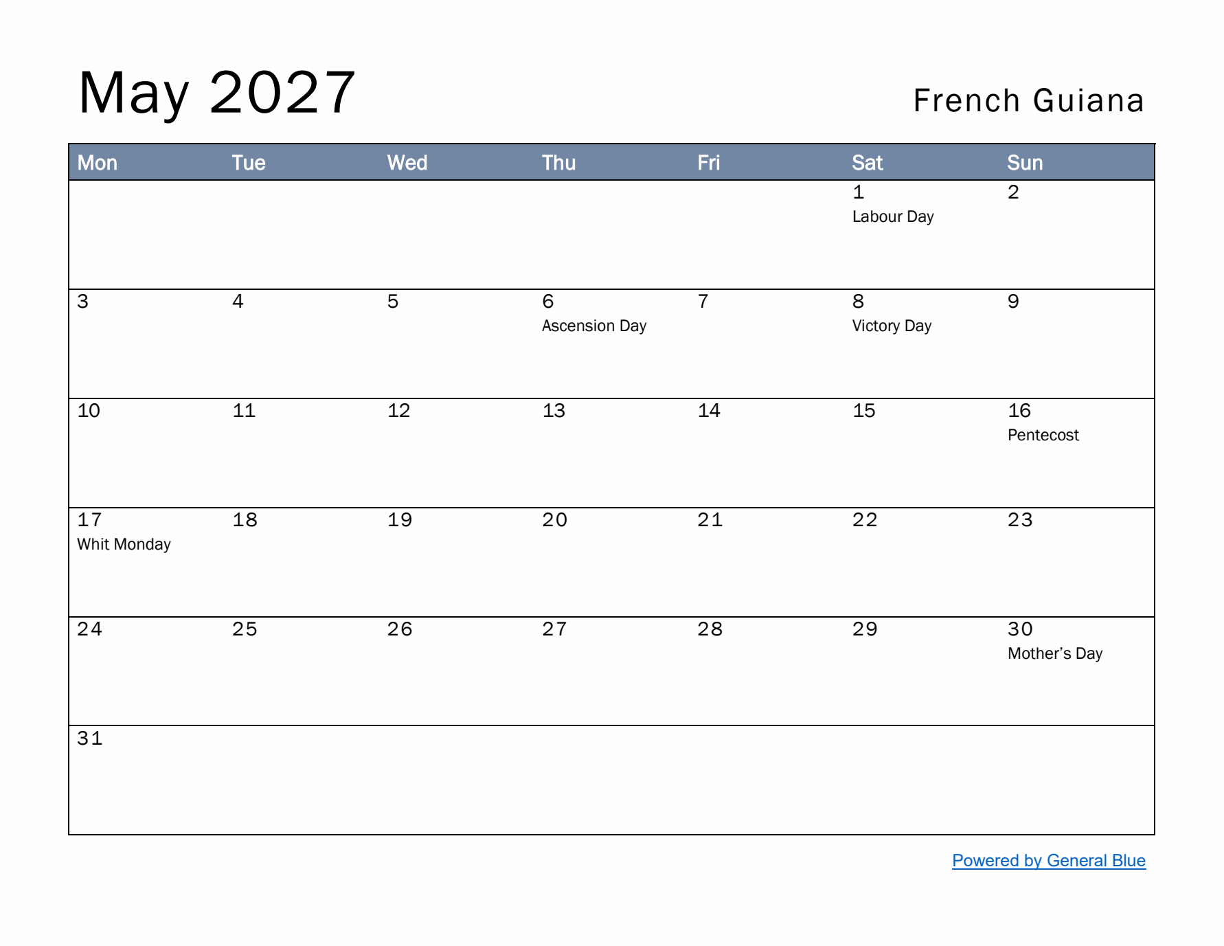May 2027 Simple Monthly Calendar for French Guiana
