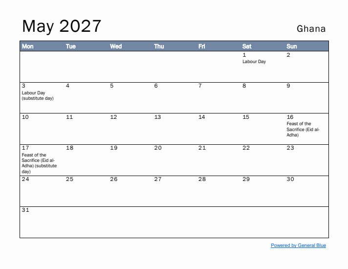May 2027 Simple Monthly Calendar for Ghana