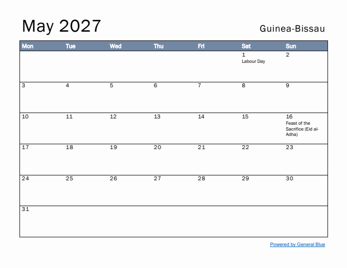 May 2027 Simple Monthly Calendar for Guinea-Bissau