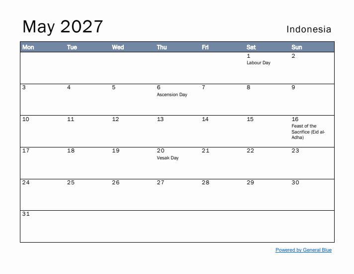 May 2027 Simple Monthly Calendar for Indonesia