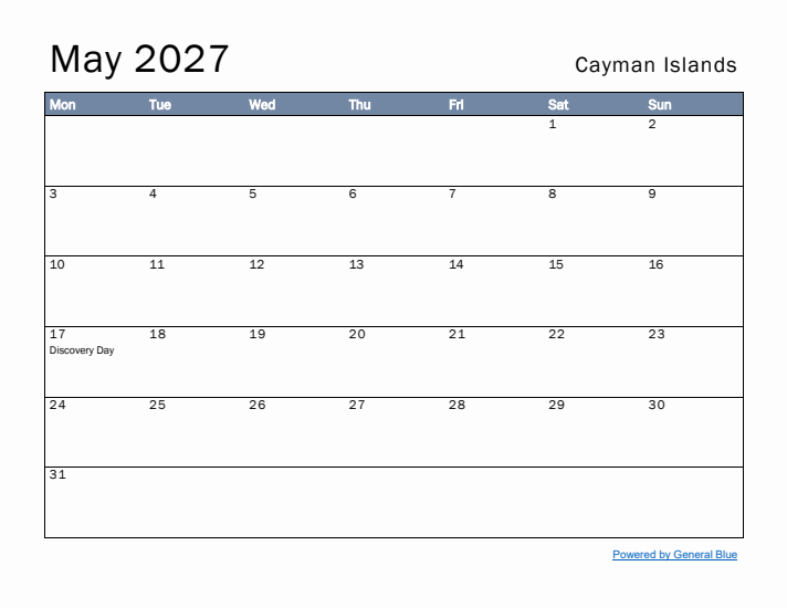 May 2027 Simple Monthly Calendar for Cayman Islands