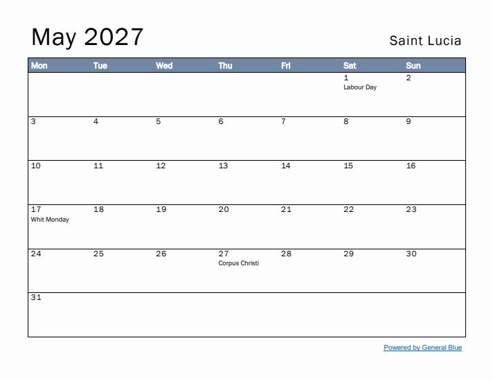May 2027 Simple Monthly Calendar for Saint Lucia