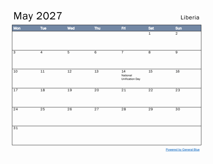 May 2027 Simple Monthly Calendar for Liberia