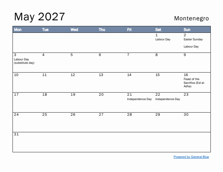 May 2027 Simple Monthly Calendar for Montenegro