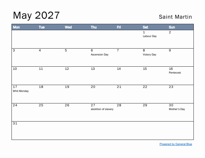 May 2027 Simple Monthly Calendar for Saint Martin