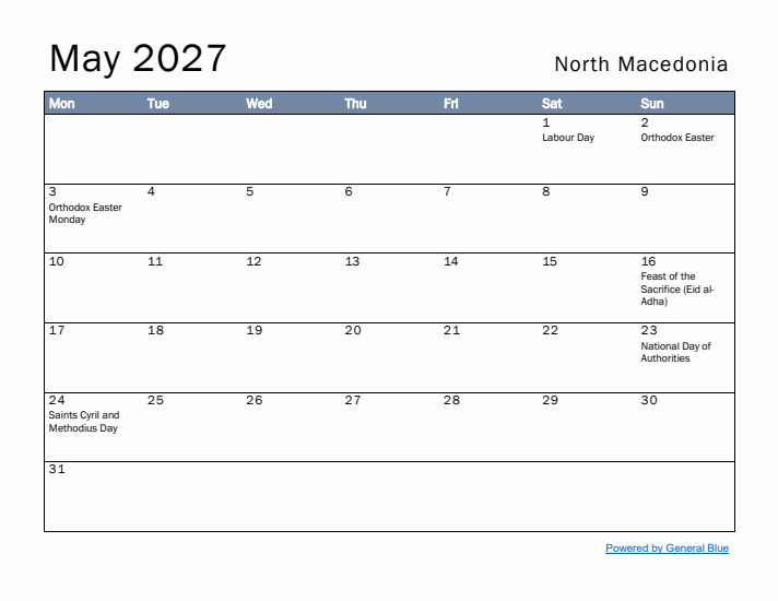 May 2027 Simple Monthly Calendar for North Macedonia