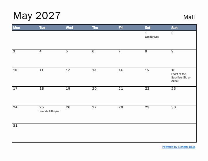 May 2027 Simple Monthly Calendar for Mali