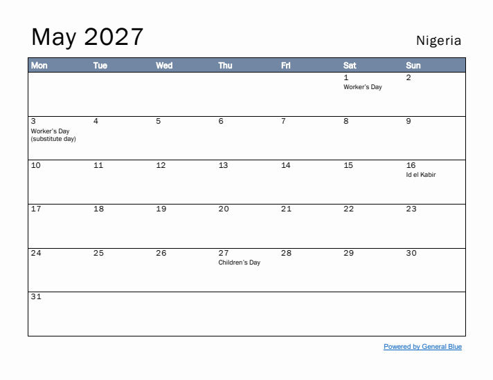 May 2027 Simple Monthly Calendar for Nigeria