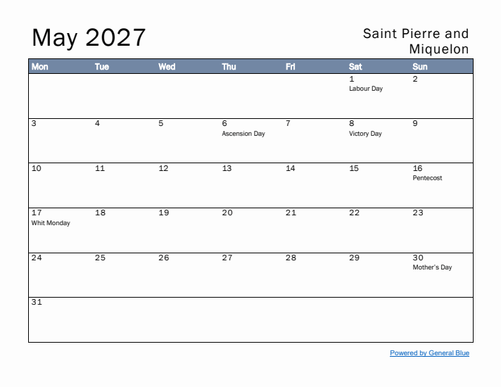 May 2027 Simple Monthly Calendar for Saint Pierre and Miquelon