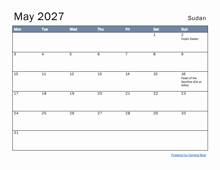 May 2027 Simple Monthly Calendar for Sudan