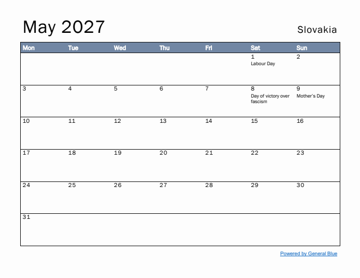 May 2027 Simple Monthly Calendar for Slovakia