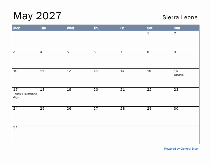 May 2027 Simple Monthly Calendar for Sierra Leone