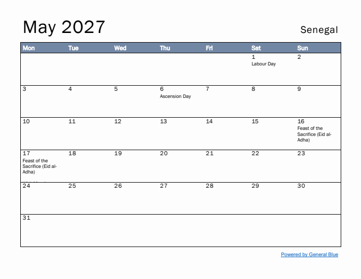 May 2027 Simple Monthly Calendar for Senegal