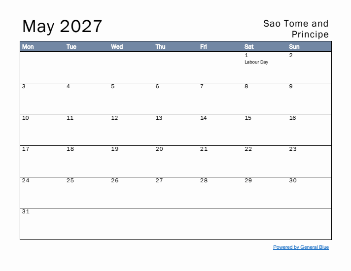 May 2027 Simple Monthly Calendar for Sao Tome and Principe