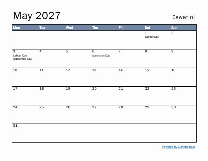 May 2027 Simple Monthly Calendar for Eswatini