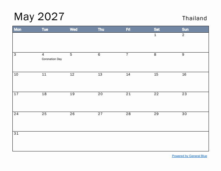 May 2027 Simple Monthly Calendar for Thailand