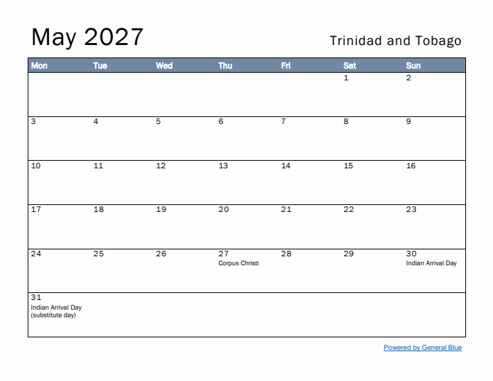 May 2027 Simple Monthly Calendar for Trinidad and Tobago