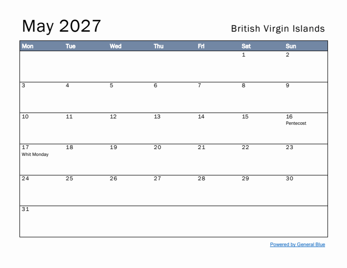 May 2027 Simple Monthly Calendar for British Virgin Islands