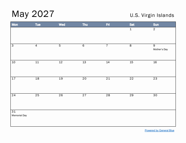 May 2027 Simple Monthly Calendar for U.S. Virgin Islands
