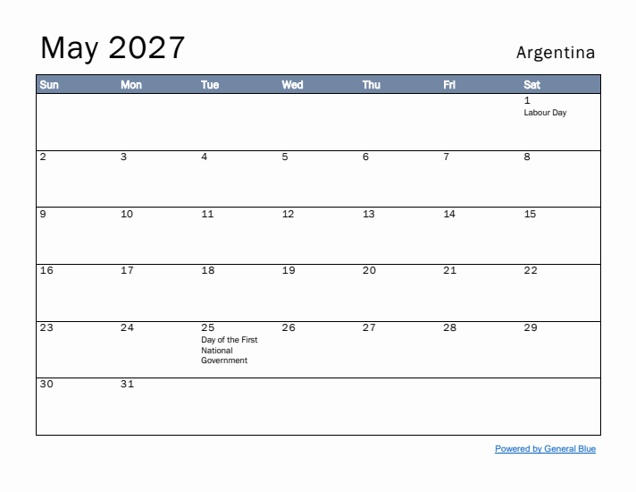 May 2027 Simple Monthly Calendar for Argentina