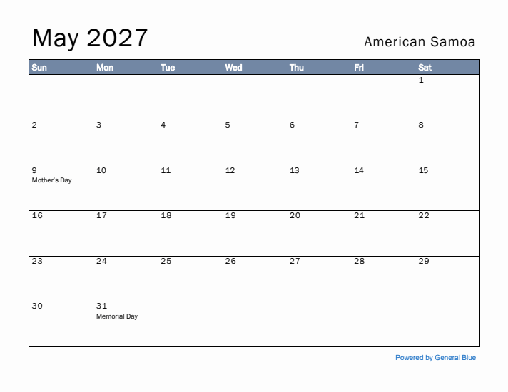 May 2027 Simple Monthly Calendar for American Samoa