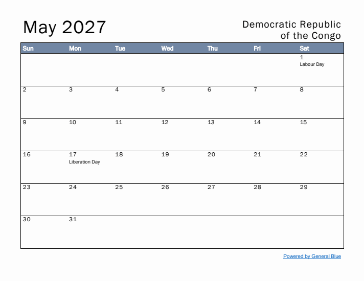 May 2027 Simple Monthly Calendar for Democratic Republic of the Congo