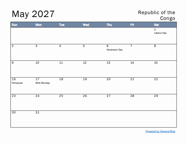 May 2027 Simple Monthly Calendar for Republic of the Congo