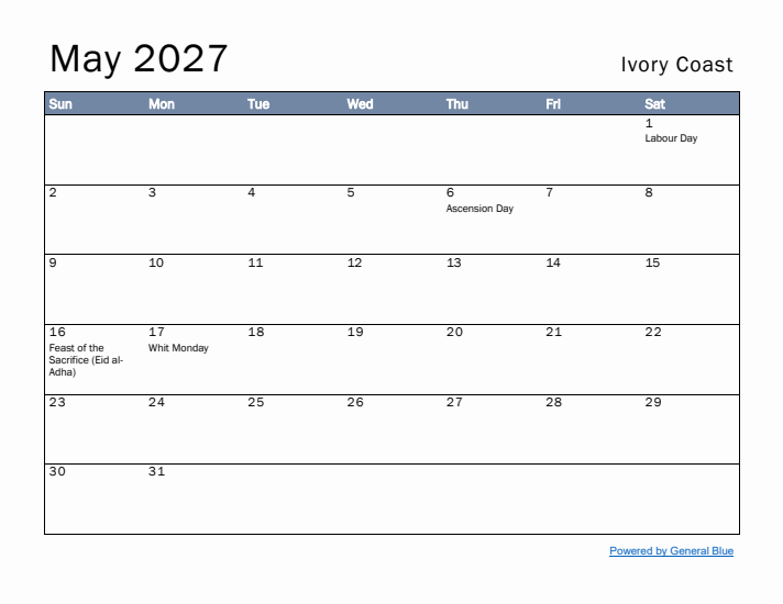 May 2027 Simple Monthly Calendar for Ivory Coast